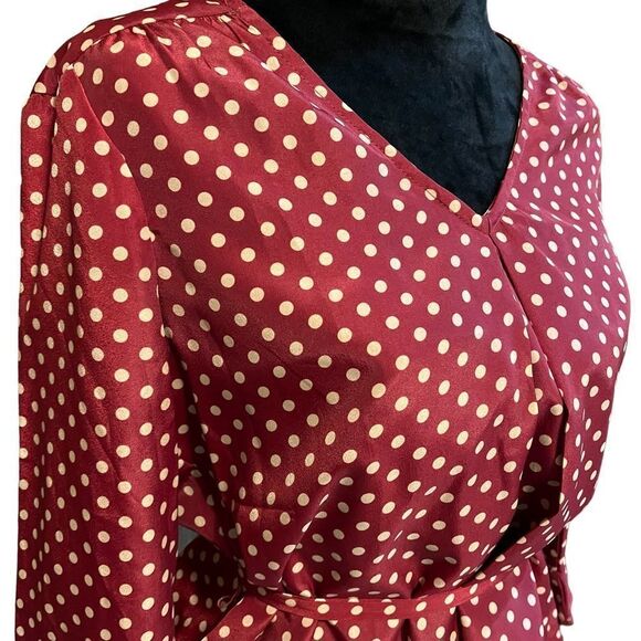 Skies Are Blue brick red and tan polka dot tie waist short length blouse size SP - Picture 8 of 14
